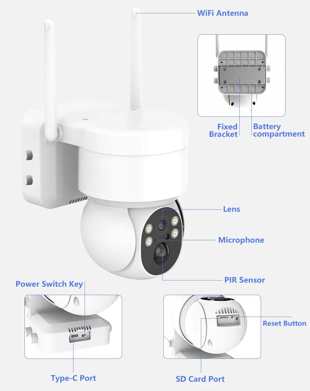 CHAMOUS 2.5K 4MP WiFi Wireless Outdoor IP Camera, Indoor security camera with WiFi antenna, fixed battery, and various features.