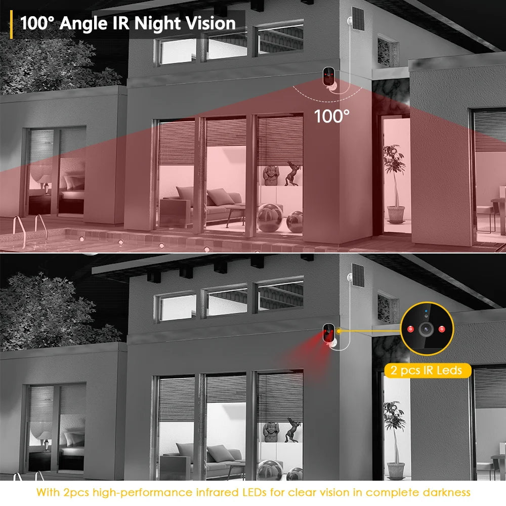 TD3 - Wireless Solar Wifi Camera, Crystal-clear nighttime visibility through 100° angle and high-performance IR LEDs.