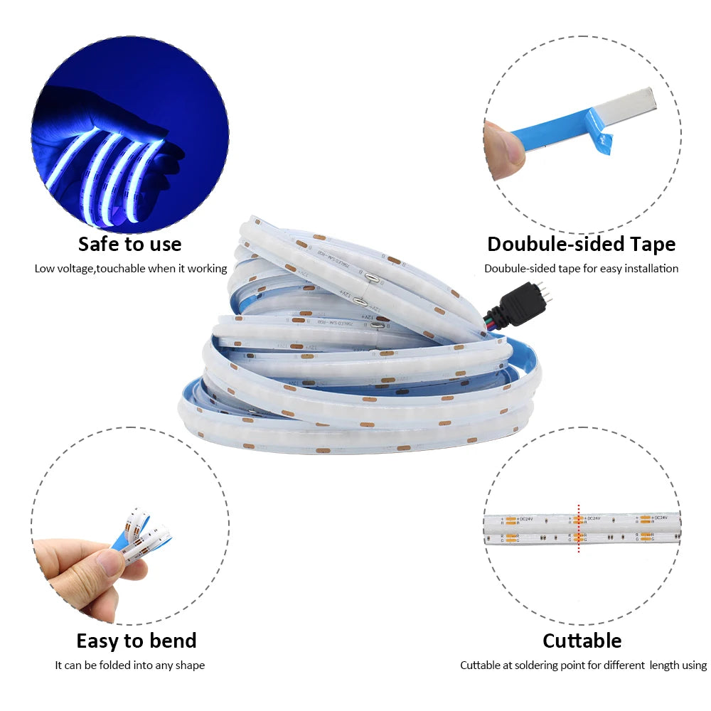 RGB COB LED Strip Light, Easy installation with double-sided tape; soft, touchable, flexible, cuttable, and foldable for versatile use.