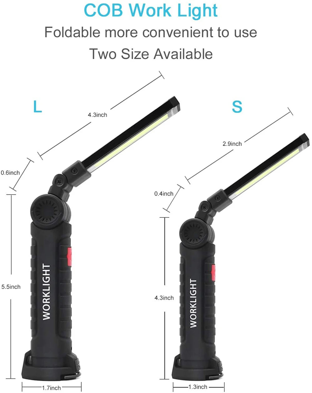 New Portable COB LED Flashlight, Compact COB work light with foldable design, available in two sizes, perfect for various settings.