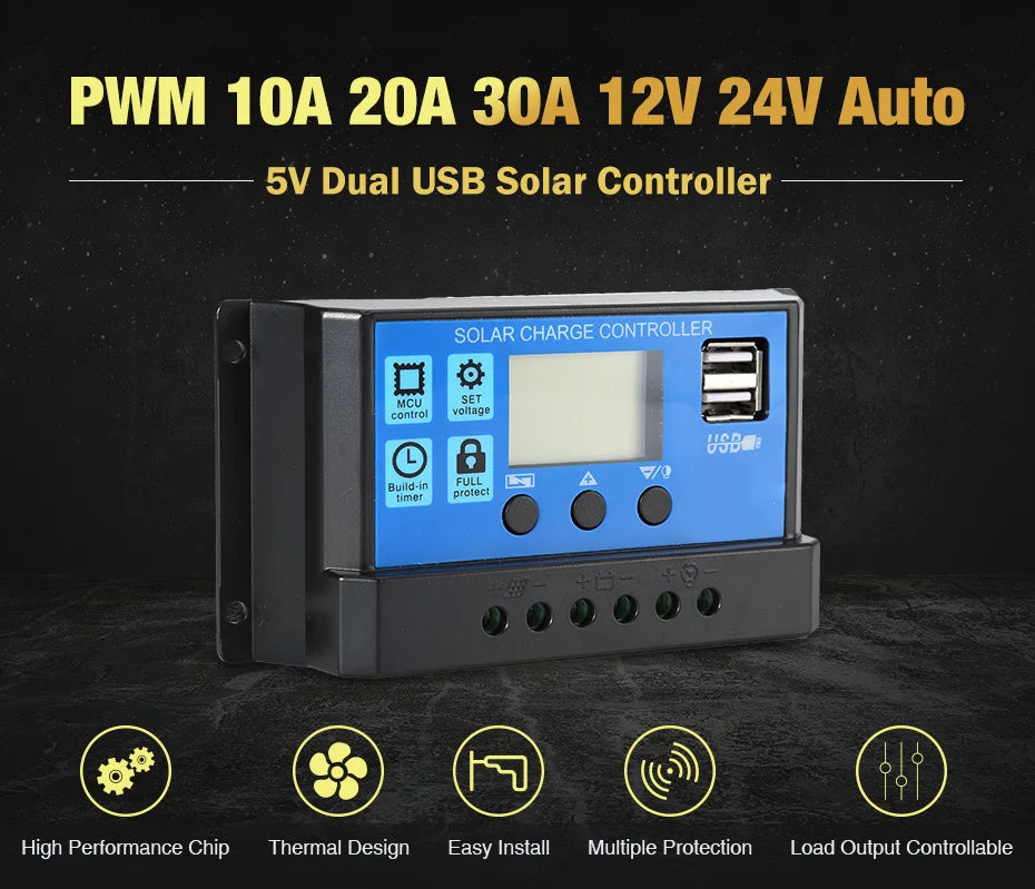 10A-100A MPPT Solar Controller, 10A MPPT solar controller with PWM tech, LCD display, USB output, and features like MCU control and memory protection.