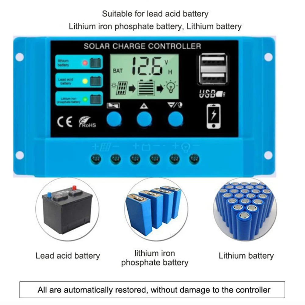 10A 20A 30A  PWM Solar Charge Controller, USB-C solar charger suitable for various battery types, restoring power safely and efficiently.