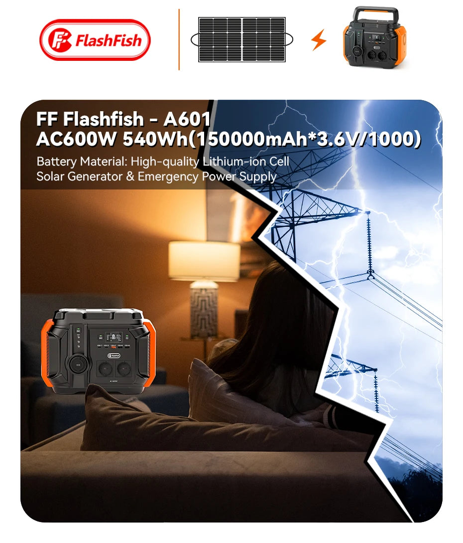 FF Flashfish A601 Solar Generator, Portable solar generator for emergencies and camping, powered by 540Wh lithium-ion battery.