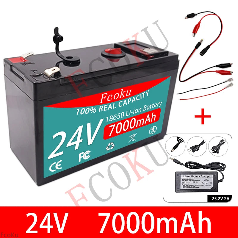 24V 7AH 18650 Lithium Battery, High-performance 24V Li-ion battery with built-in BMS and charger for various applications.