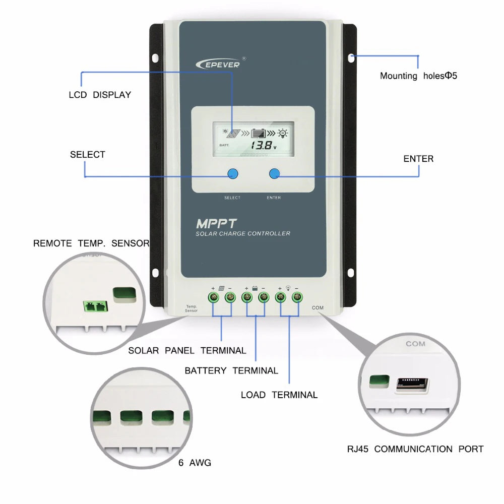 EPever MPPT Solar Regulator: compact, feature-rich device with mounting system, LCD display, and connectivity options.