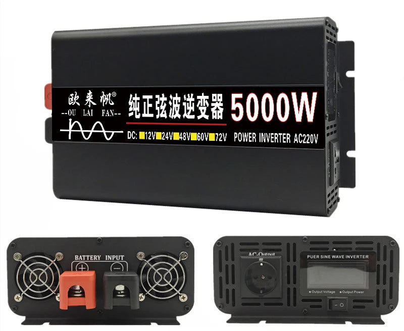 Pure sine wave inverter converts solar power to AC electricity.