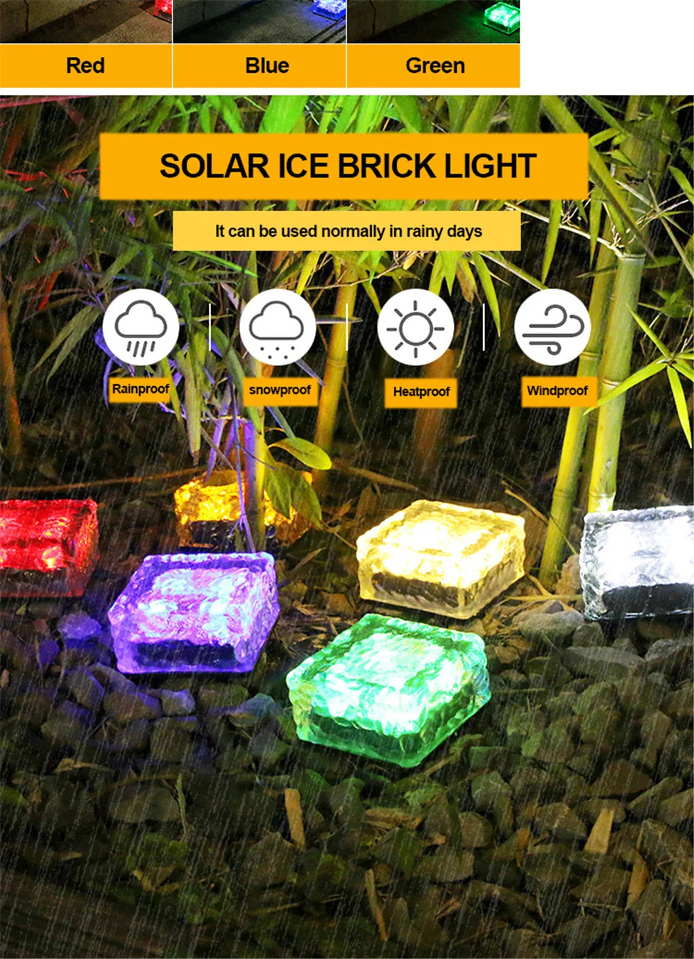 Solar Brick Ice Cube Light, Weather-resistant solar-powered ice brick light for outdoor use.