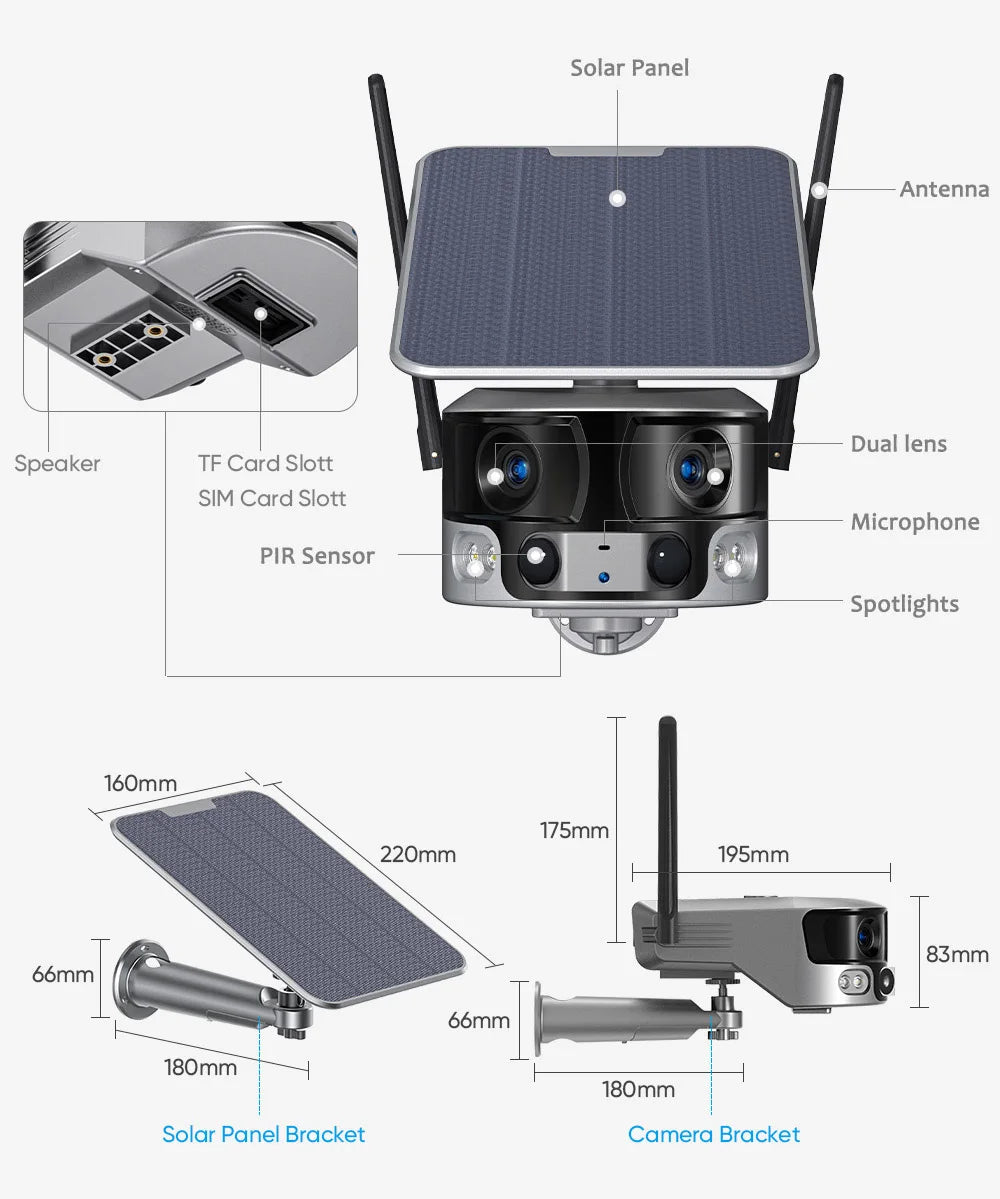 High-definition outdoor camera with solar power, Wi-Fi, and zoom capabilities for secure surveillance.