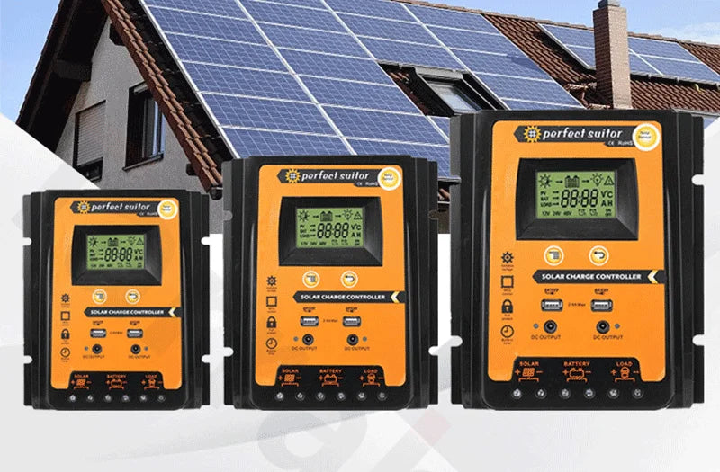 MPPT Solar Charge Controller, Regulates solar power, suitable for 12V/24V systems up to 70A, with LCD display and 2 USB ports.