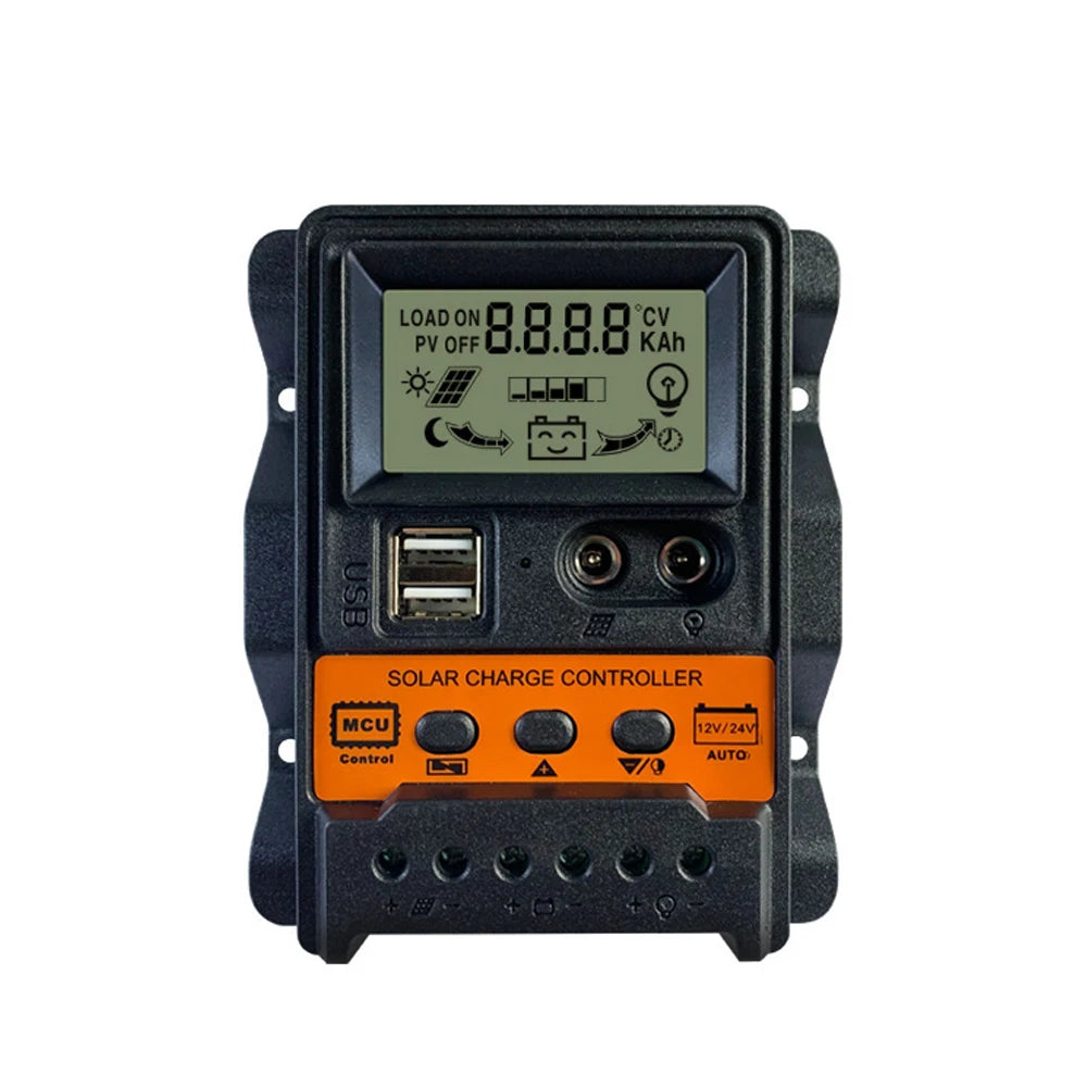 Solar charge controller with LCD display, supports 12V or 24V input, and features auto control and output.