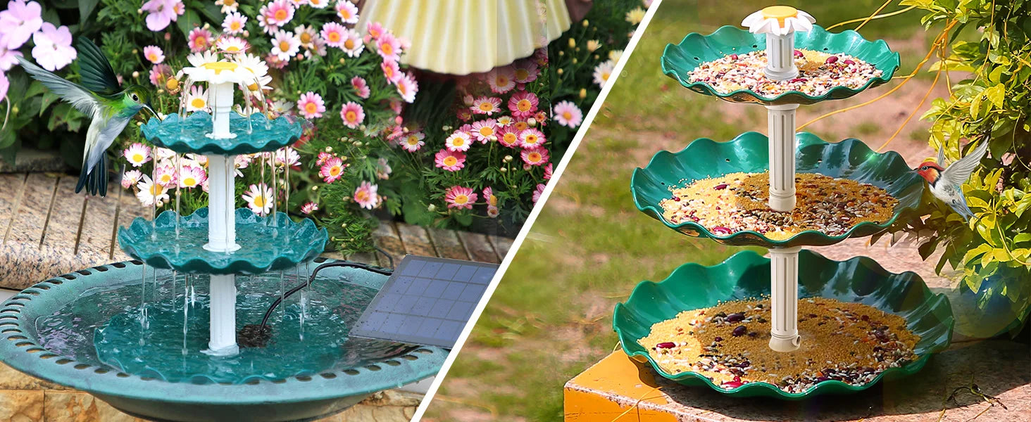 3 Tiered Bird Bath with 3W Solar Pump, Solar-powered pump with built-in filter that blocks dirt, dust, and debris to extend lifespan.