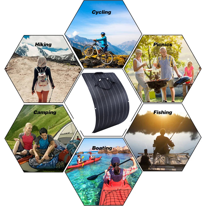 ETFE 300W Flexible Solar Panel, Perfect for outdoor adventures: camping, fishing, boating, hiking, picnics, and cycling.