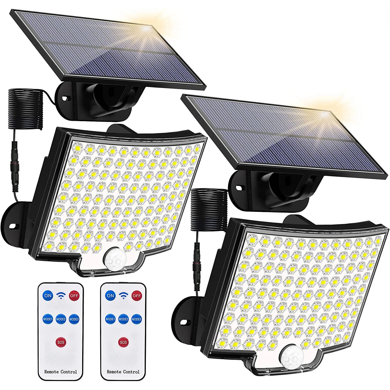 Solar Light, Outdoor lighting with four modes: on/off, SOS signal, remote control, and motion sensor.