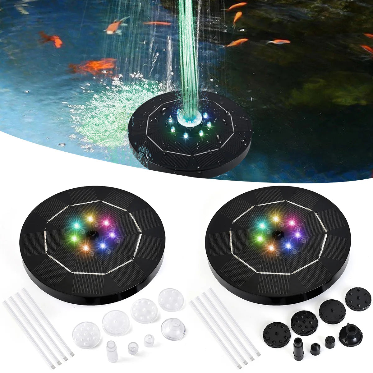 16cm Round Solar Fountain, Solar-powered charger powers equipment in 4 hours, ideal for nighttime or cloudy day use.