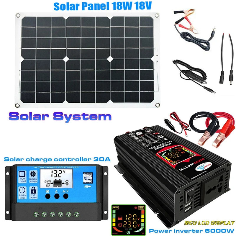 Solar power kit with 18W panel, charge controller, and 6000W inverter for converting solar energy to usable power.