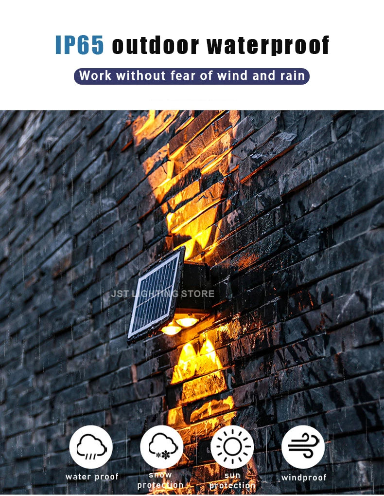 Solar LED Wall Light, Waterproof design protects against rain and wind, suitable for outdoor use.