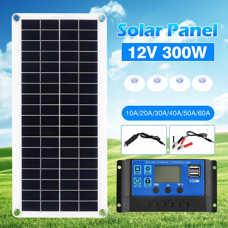 300W Flexible Solar Panel, Portable solar panel with 12V output, 10-60A controller, and USB charging ports for powering devices on-the-go.