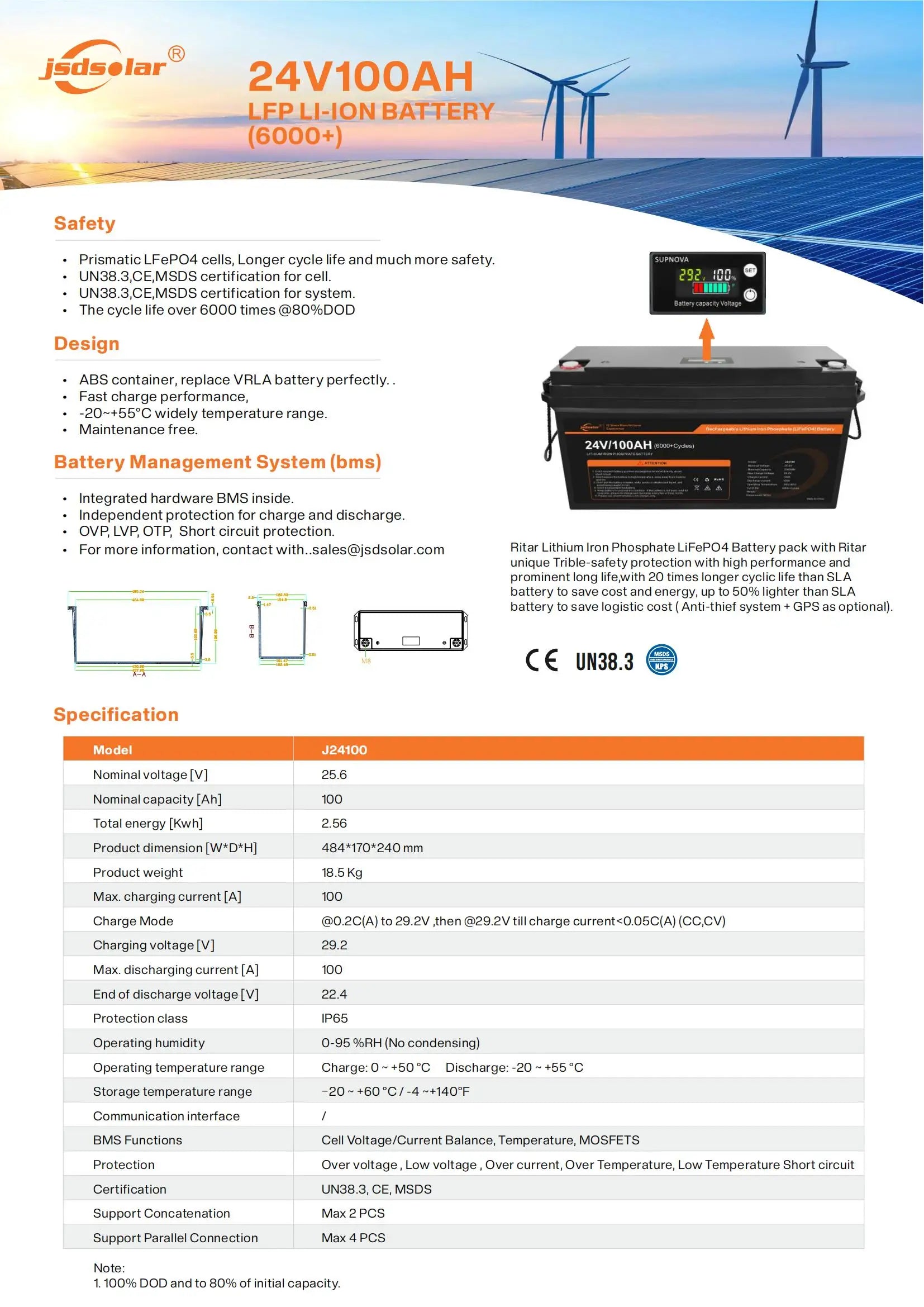 LiFePO4 solar boat battery with built-in BMS, available in 100Ah and 200Ah capacities, suitable for various solar boat applications.