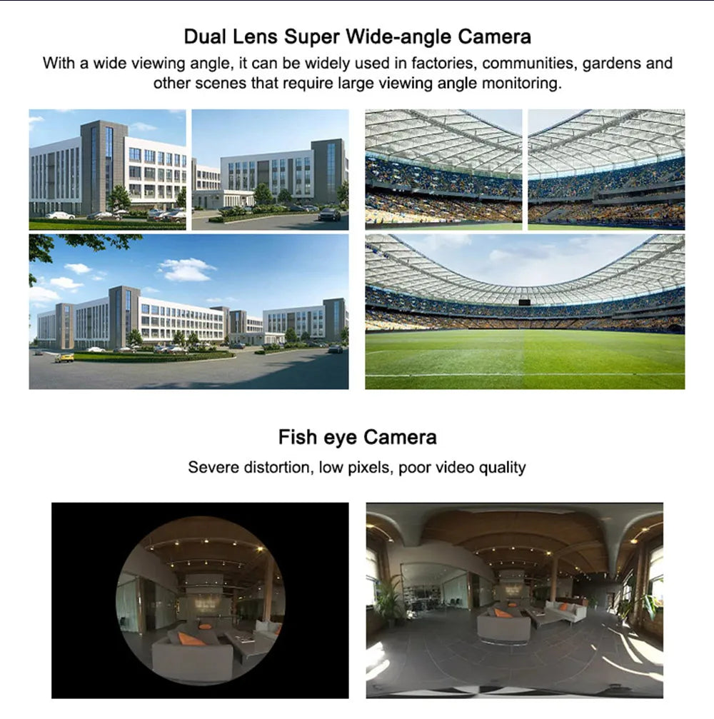 Ultra-wide 180-degree view camera for monitoring large areas with high-quality video and minimal distortion.
