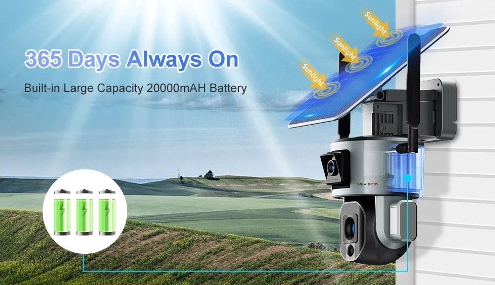 LS VISION LS-MS1-10X Solar Camera, Long-lasting power with high-capacity battery and always-on functionality for reliable performance.