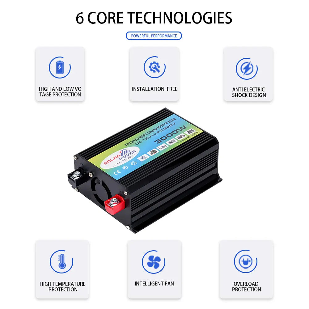 Solar inverter with advanced tech and safety features for powering home appliances and cars.