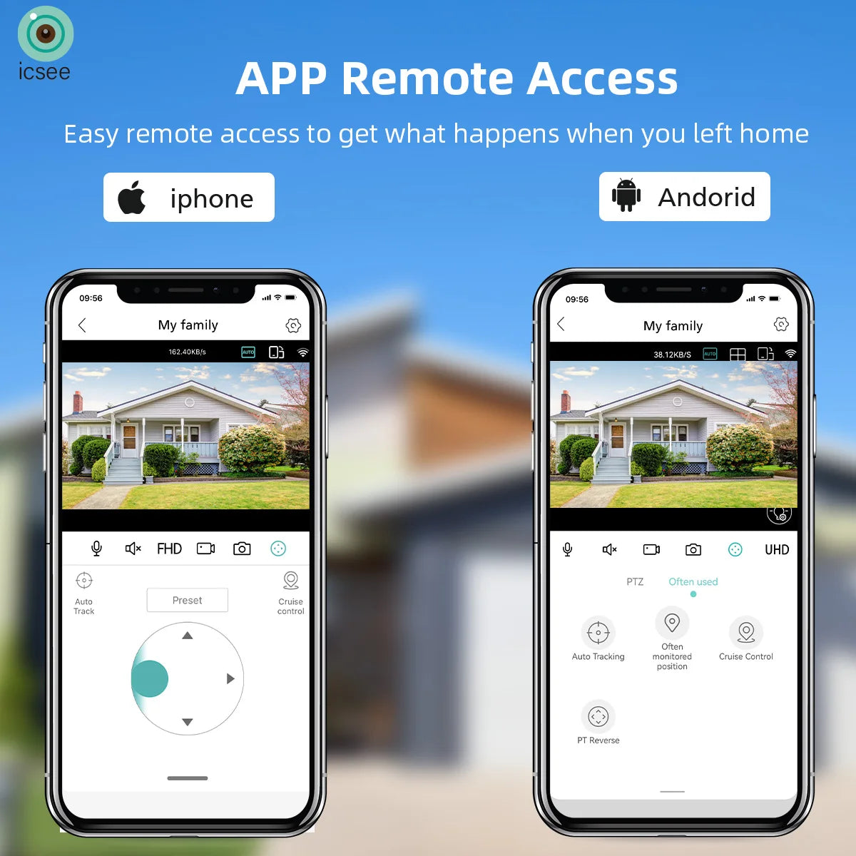 WiFi PTZ Camera, Monitor home activities remotely with icsee APP on iPhone/Android, featuring auto-preset and cruise control.