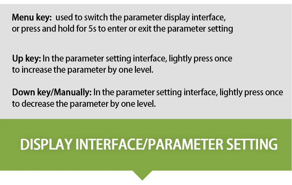 Adjust settings with menu button, toggle display modes, and use Up/Down keys to increase/decrease values.