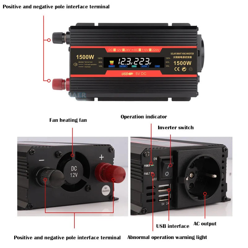 Pure sine wave inverter with indicators, warning light, fan, and USB port; available in 4 power options.
