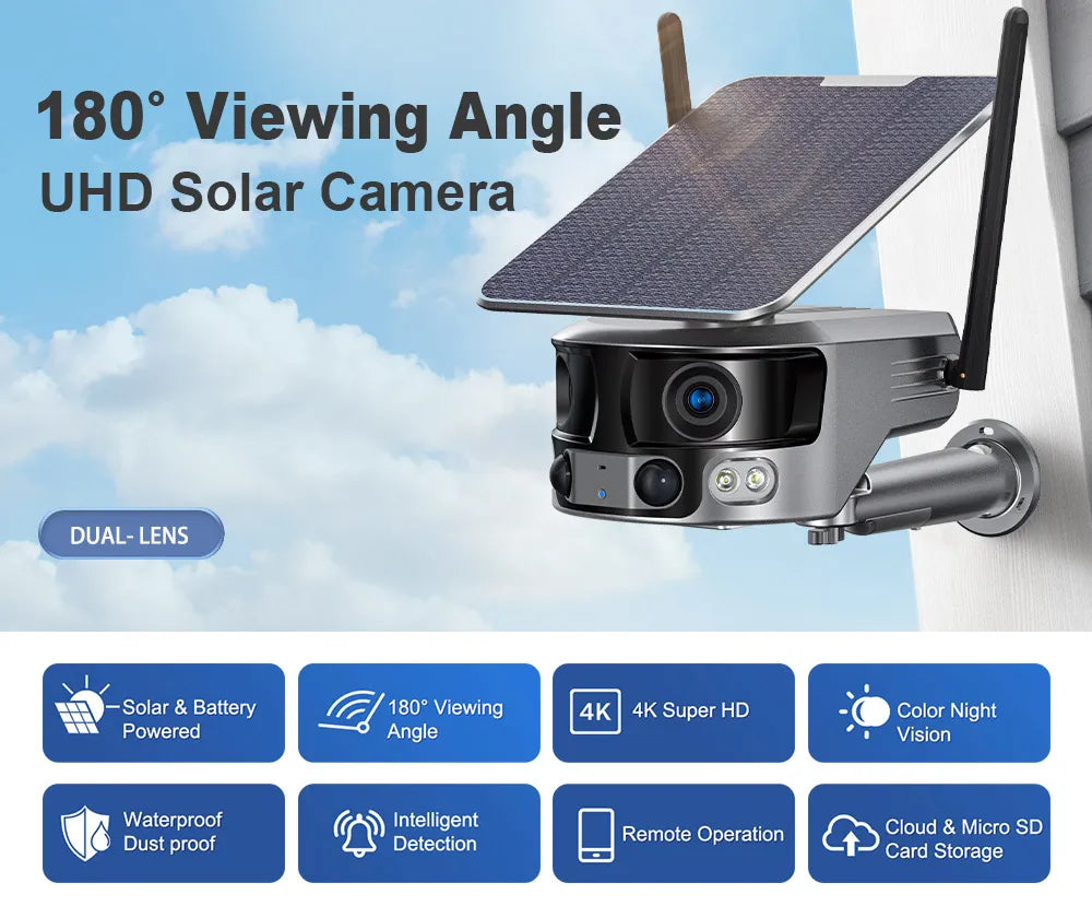 Solar-powered camera with dual lenses, 4K video, waterproof, remote control, and storage options.