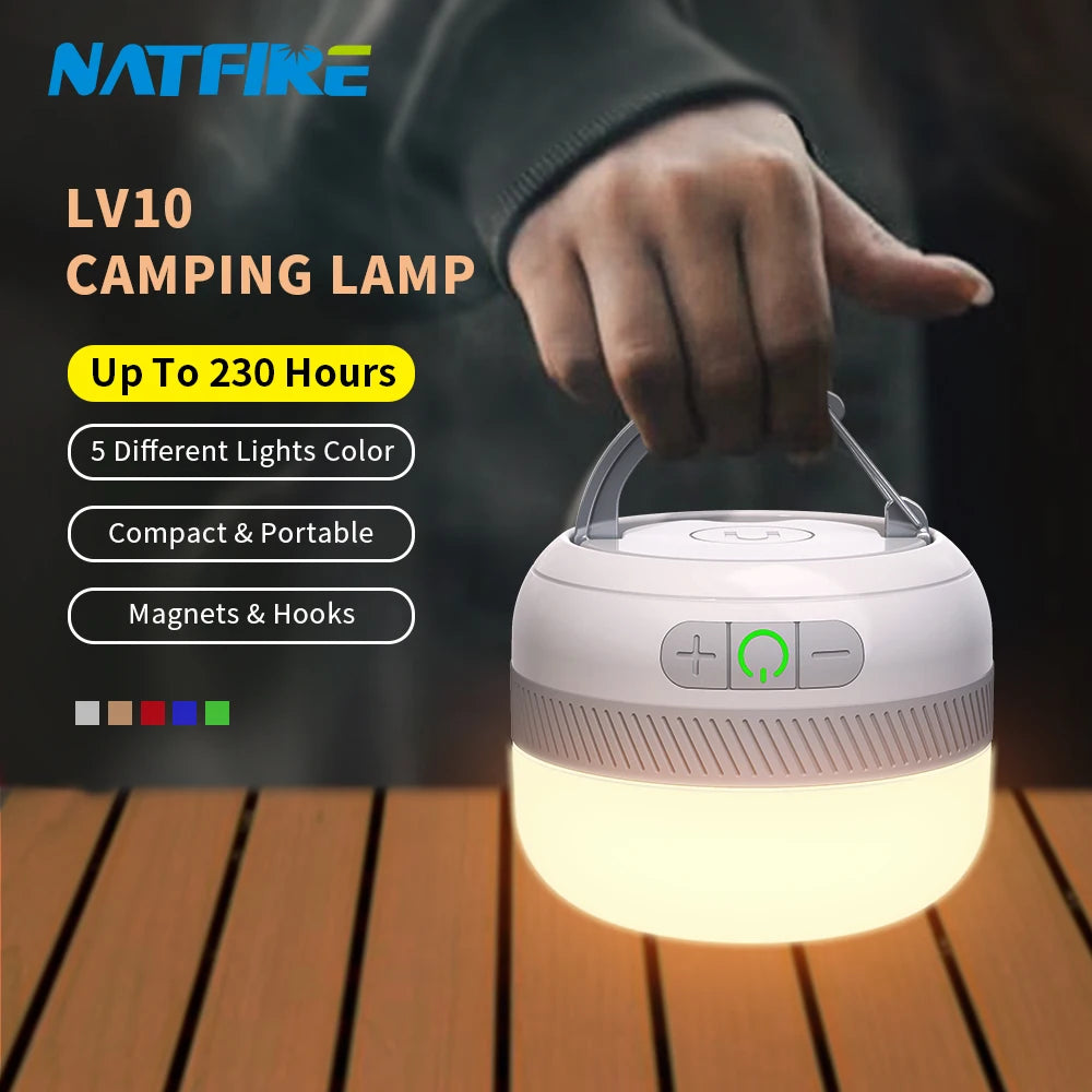 LV10 Outdoor LED Camping Flashlight, Compact flashlight with 230 hour battery life and 5 modes for camping adventures.