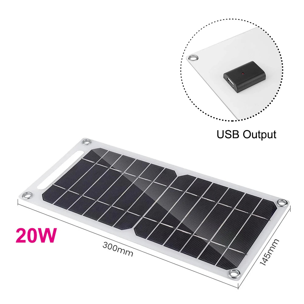 5V Solar Panel, USB port charges mobile phones, tablets, and other small electronic devices.