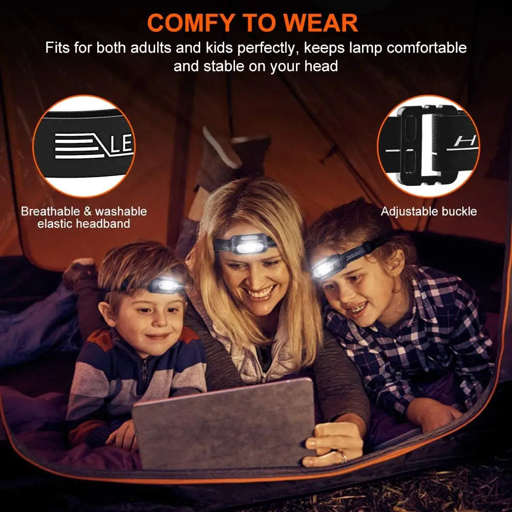 5 Modes Body Motion Sensor Headlight, Adjustable headband fits adults and kids comfortably, breathable, washable, and provides a stable fit.