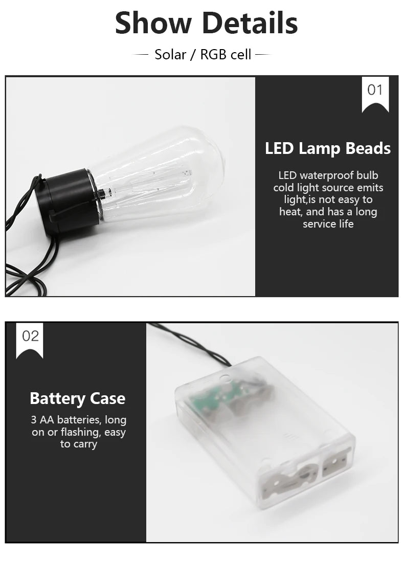 LED Solar String Light, Solar-powered string light with energy-efficient LEDs and battery backup for up to 24 hours of use.