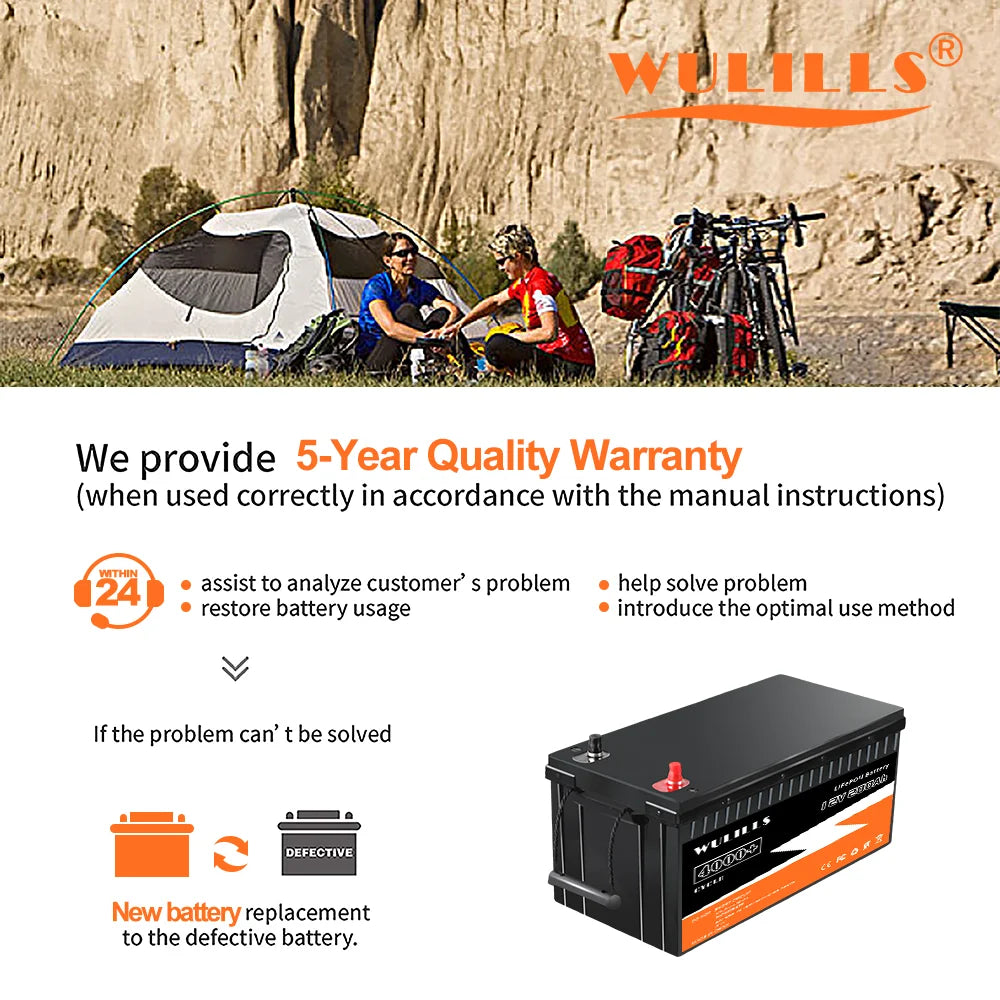 12V 200Ah LiFePO4 Battery, Warranty and support: 5-year guarantee, analysis, and solution for battery issues with replacement if needed.