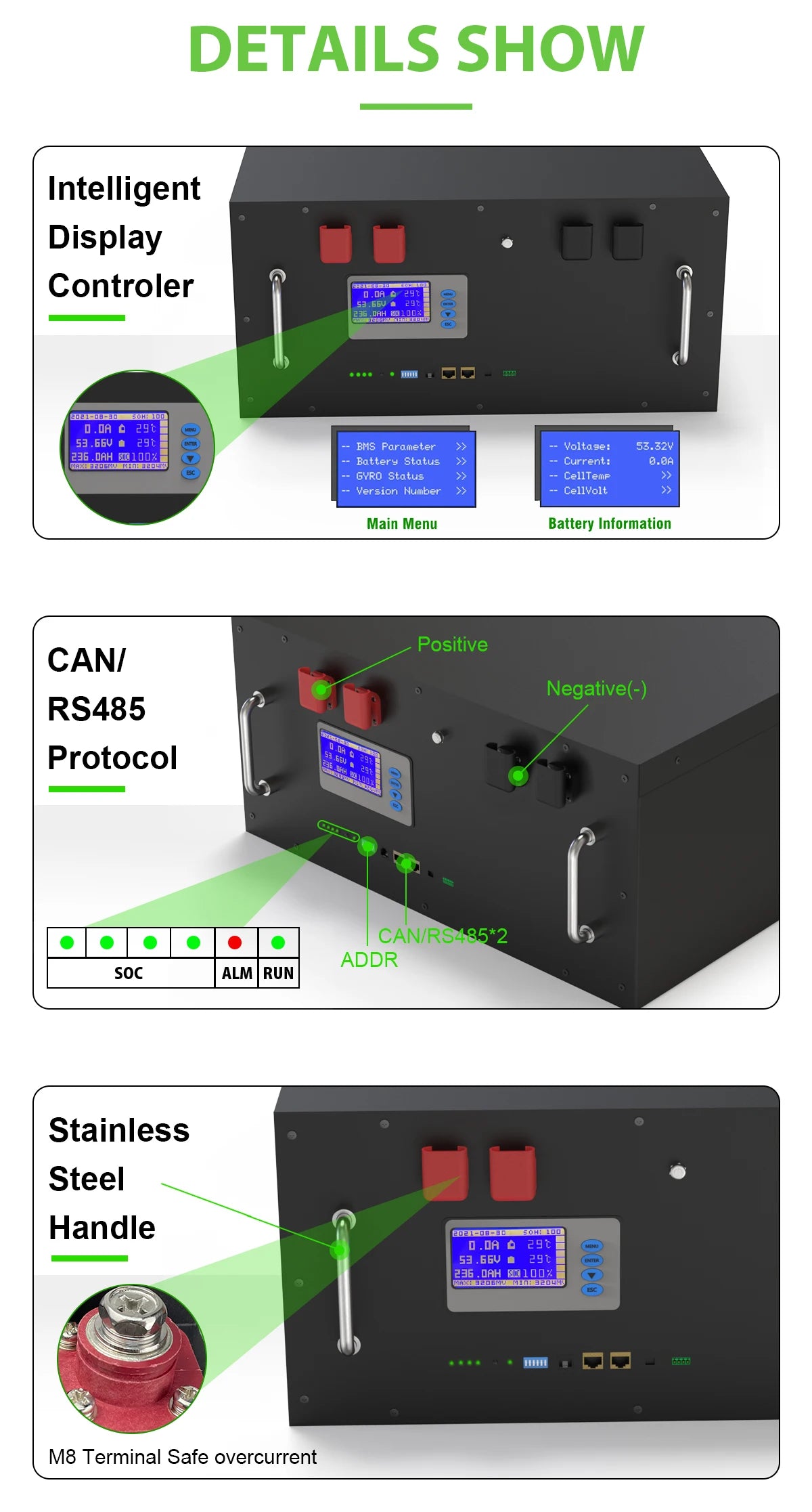 LiFePO4 48V 230Ah 200Ah 100Ah Battery, LiFePO4 Battery Pack: 48V, 230Ah/200Ah/100Ah capacity, 10Kw output, intelligent display controller with CAN/RS485 protocols.