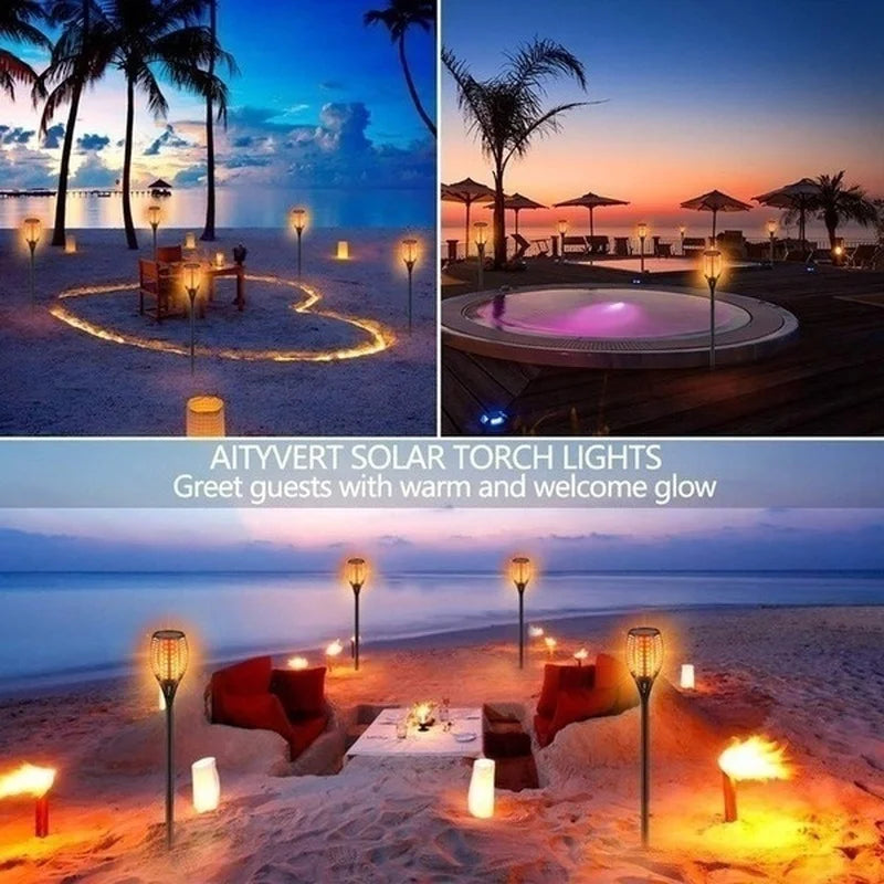 1/2/4/6/8/10/12Pcs Solar Flame Torch Light, Cozy outdoor gatherings illuminated by solar-powered torch lights.