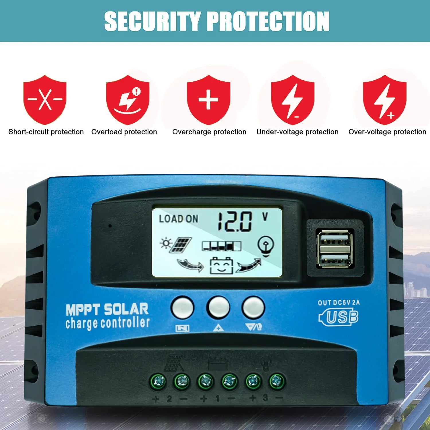 POWLSOJX MPPT Solar Charge Controller, Solar charge controller with safety features and dual USB ports with LCD display.