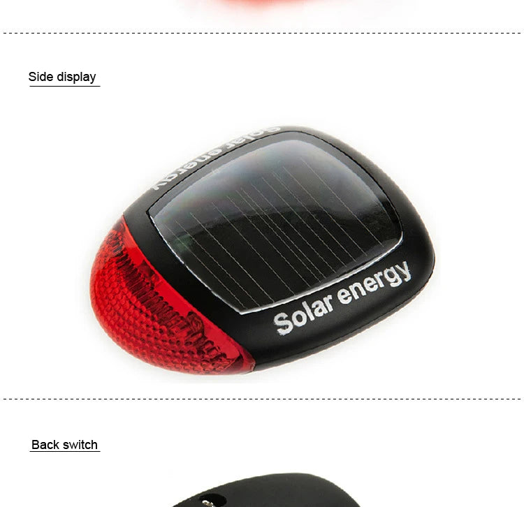 Solar Bike Light, Solar-powered side light with backlit energy display and easy-to-use switch.