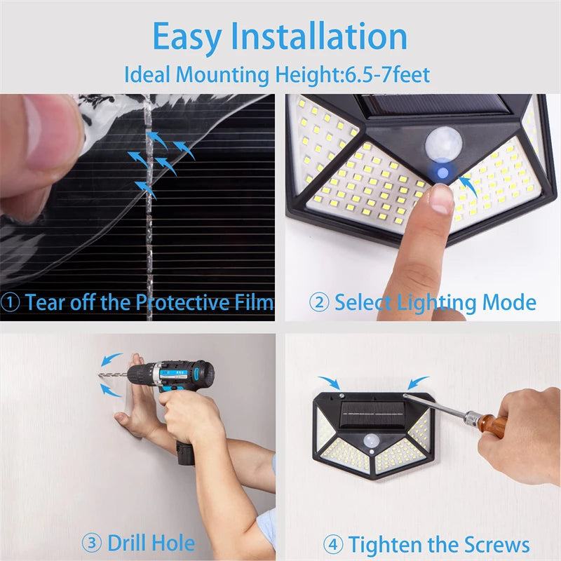 1/2/4/8/10Pack 100 LED Solar Wall Light, Quick installation with minimal effort: mount, remove film, choose light mode, drill, and secure.