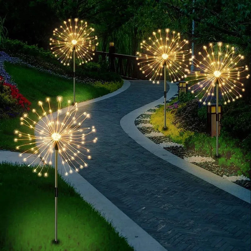 Solar String Firework Light, Solar-powered lamp with LED bulbs, IP65 protection, and bronze body.