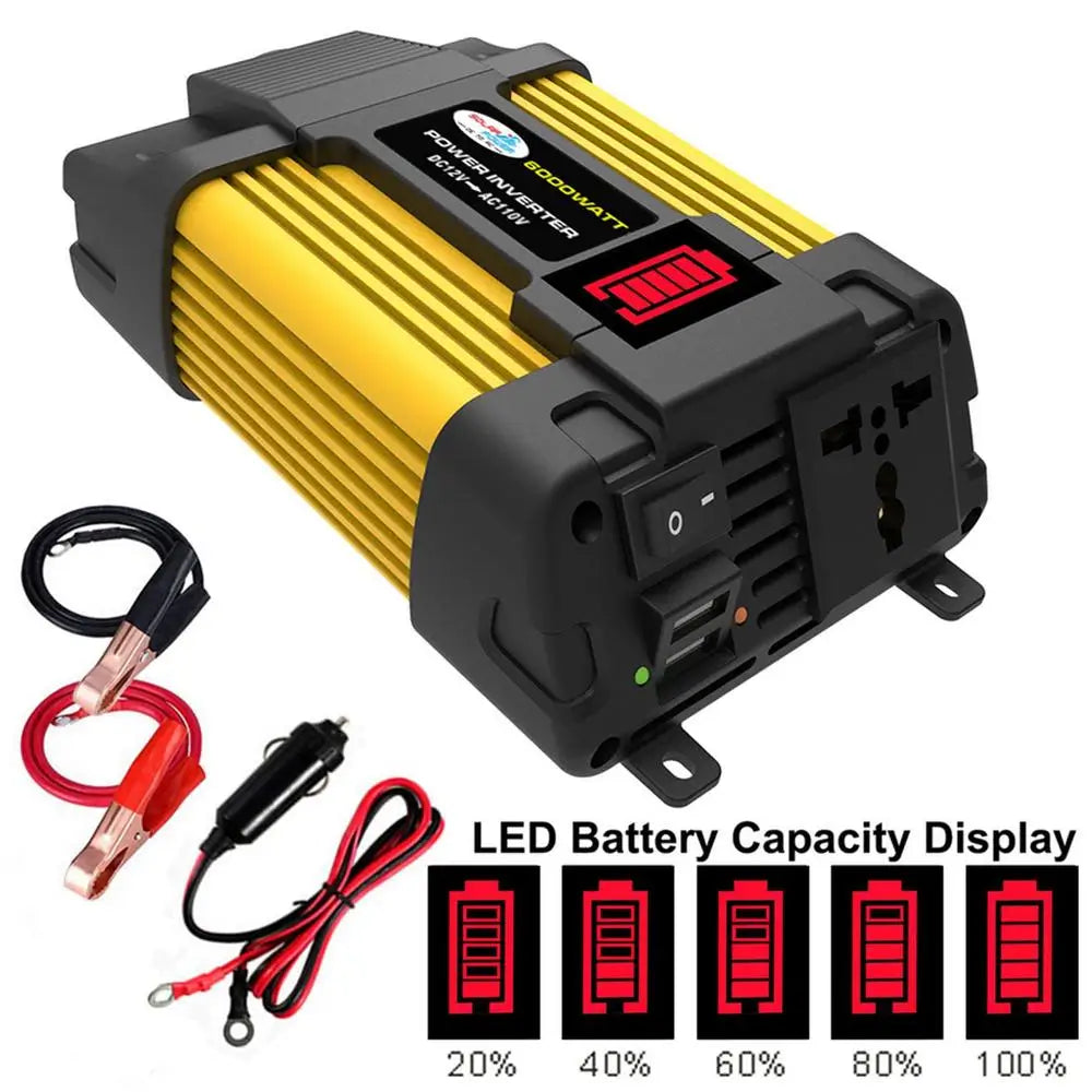 6000W Vehicle Power Pure Sine Wave Inverter, Inverter with LED display showing battery levels (20-100%) and power output.