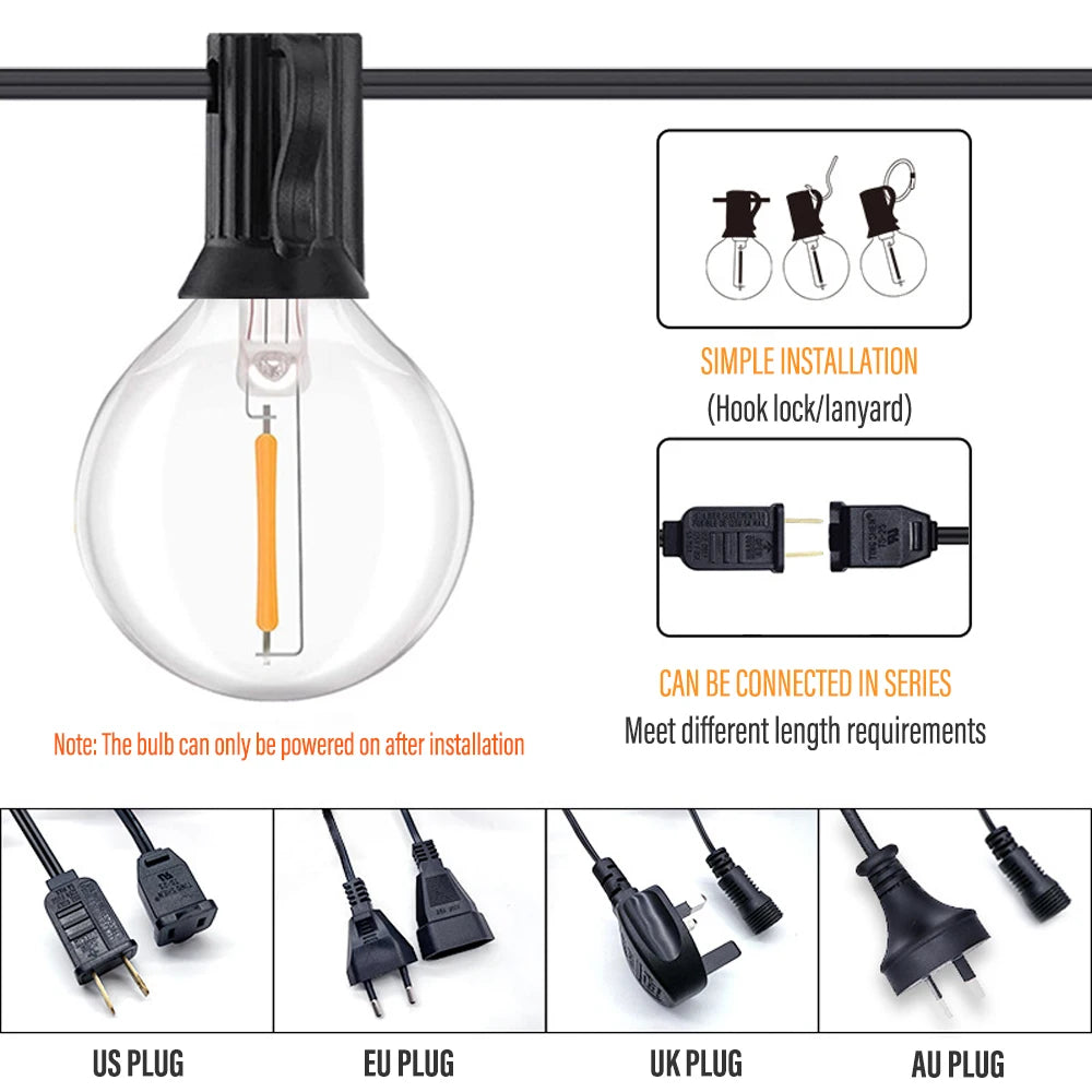 50FT LED G40 Ball String Light, Easy installation via hook lock or lanyard; works with various plugs worldwide.