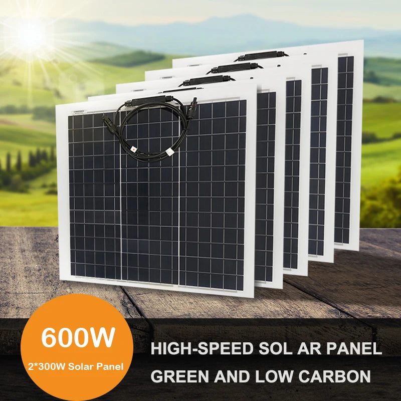 300W 600W Solar Panel, Off-grid solar power kit with 2x 300W panels, controller, and 12V system for cars, boats, and camps.