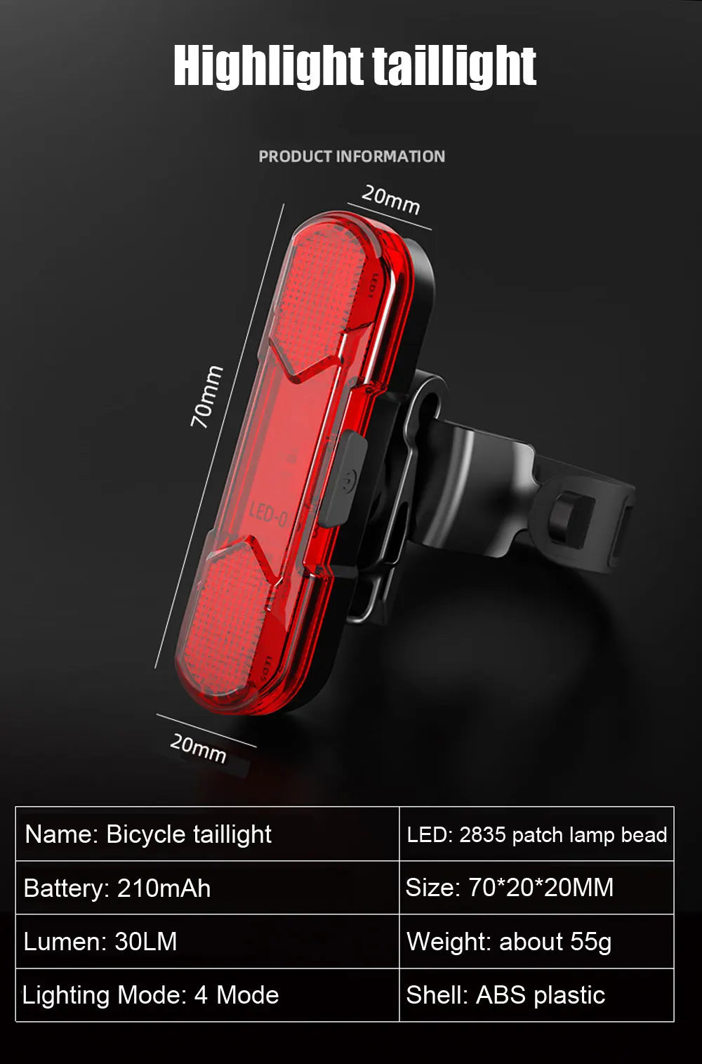 NEWBOLER EOS640 Bicycle Light, LED bicycle tail light with 4 modes, weighing approximately 55g.