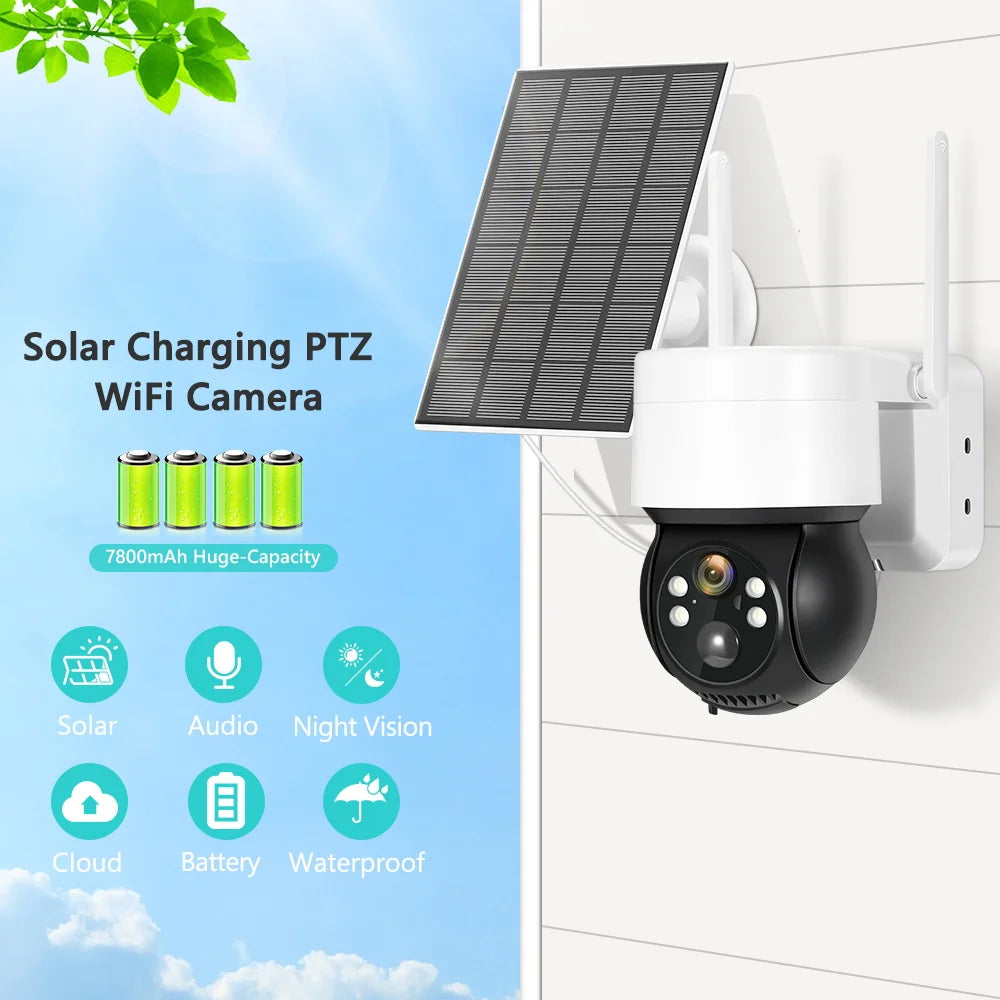 TQ2B - 1080P WiFi Solar Camera, Solar-powered PTZ Wi-Fi camera with long-lasting battery and night vision for outdoor surveillance.