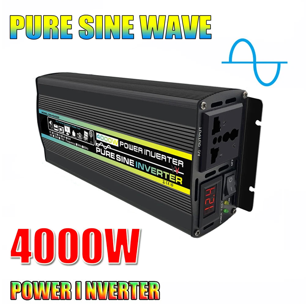 Pure sine wave inverter converts DC battery power to AC output (110V/220V)