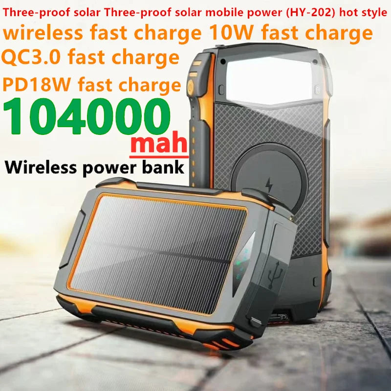 Hy-202: Solar-powered wireless charging power bank with 104000mAh capacity and fast charging modes.