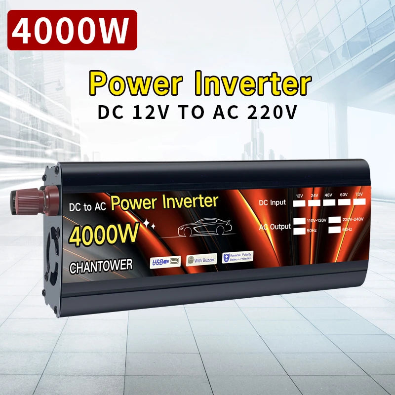 Solar Inverter, Powerful DC-12V to AC-220V inverter with USB charging, suitable for car, home, or outdoor use.
