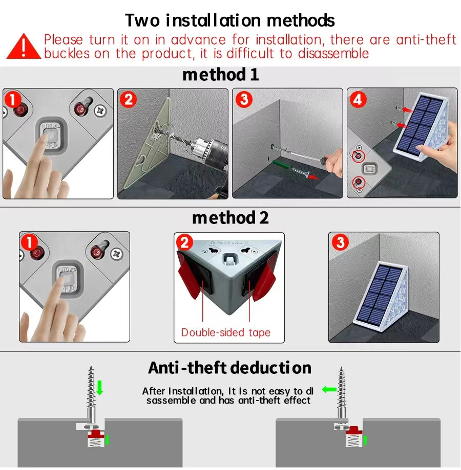 LED Outdoor Solar Anti-theft Stair Light, Easy Installation: Pre-charge and secure fitment with anti-theft buckles using screws or tape.