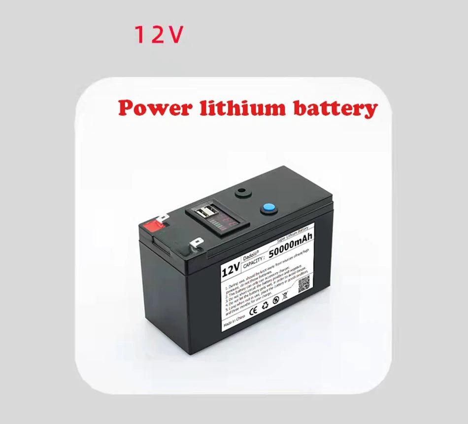 12V Battery, Rechargeable lithium battery with 50Ah capacity, suitable for solar and electric vehicle applications, including charger.